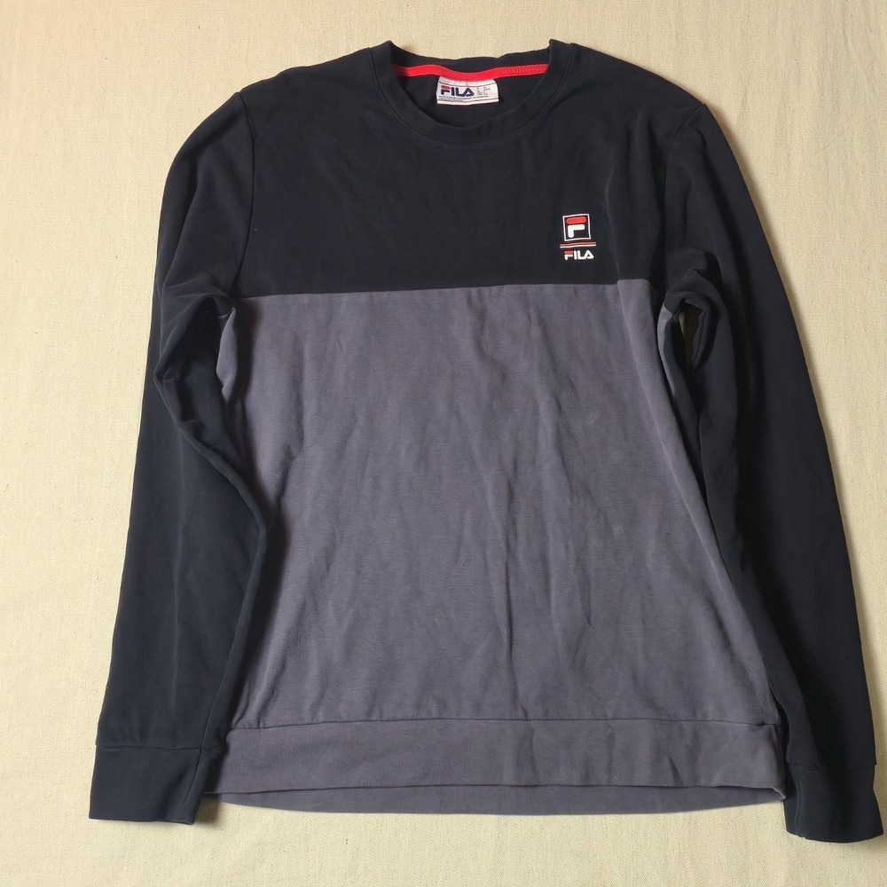 FILA Men's Long Sleeve Crew Neck Sweatshirt Black Gray Size L‎ Cotton Casual Fit